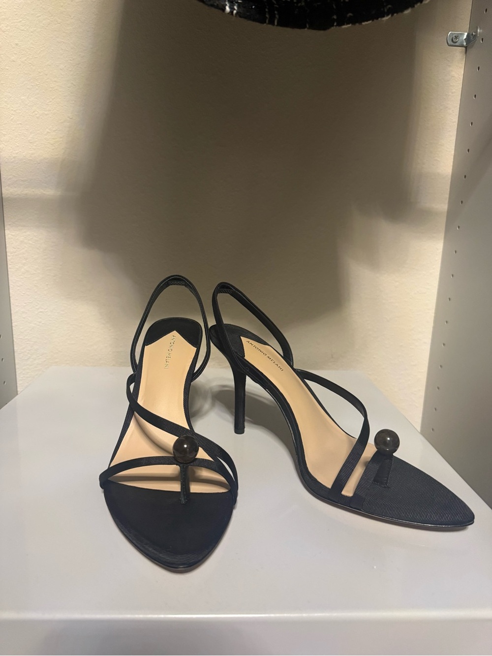 ANTONIO MELANI Black Strappy Slingback Heels with Decorative Bead